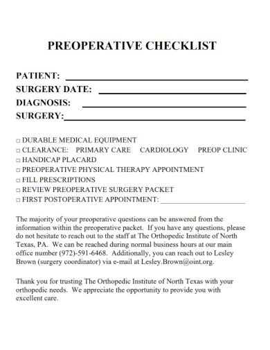 Free 10 Preoperative Checklist Samples Surgical Management Nursing