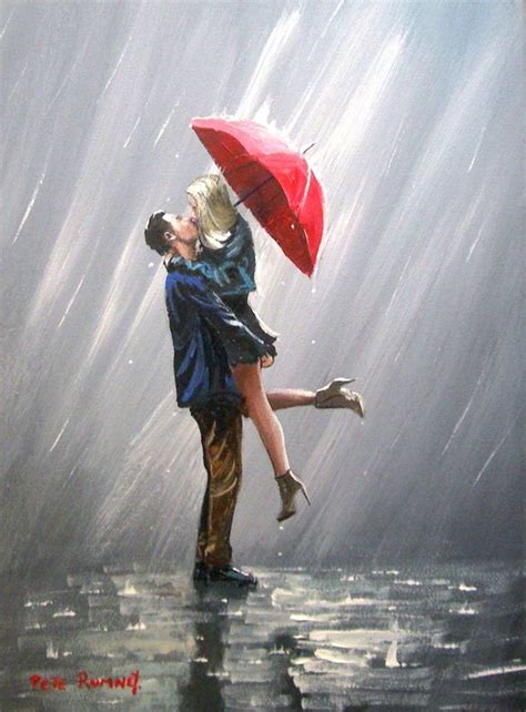 Pete Rumney Art Original Canvas Painting Kissing In The Rain Red