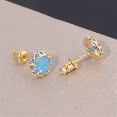 Blue Fire Opal Yellow Gold Women Jewelry Fashion Gift Stud Earrings Mm