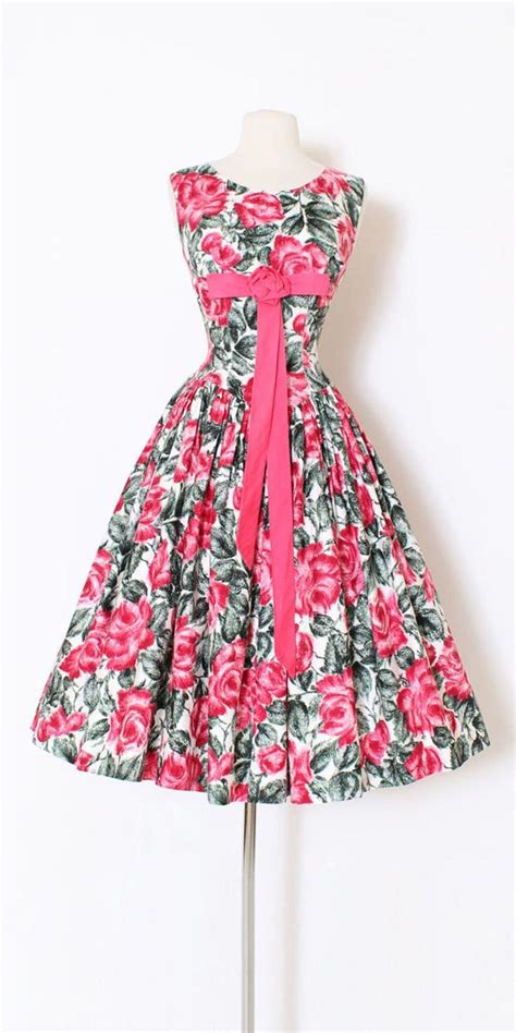 Vintage 1950s 50s Dress Pink Rose Print Rosette Full Skirt Etsy