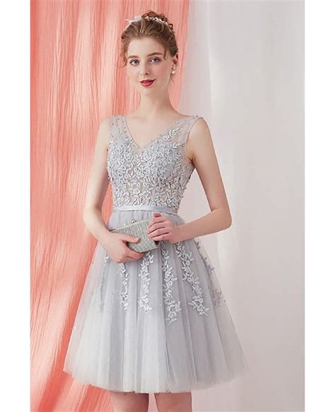 Grey Lace Short Tulle Homecoming Party Dress Bridesmaid Dress Sleeveless Ama86010