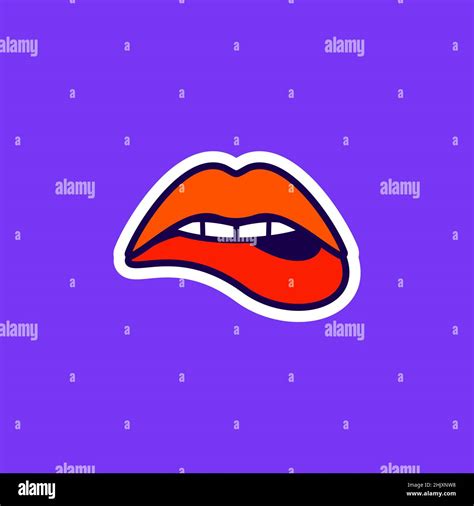 womans sensuous lips beautiful open mouth biting lip with lipstick sticker in the pop art