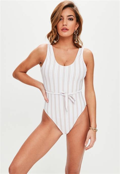 White Tonal Stripe Swimsuit Missguided Striped Swimsuit Women