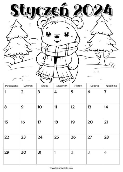 Styczeń kalendarz do druku Darmowy PDF do pobrania różne wersje Kolorowanki info