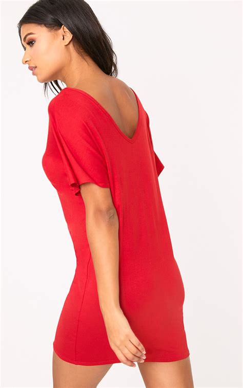 Basic Red V Neck T Shirt Dress Dresses Prettylittlething Ca