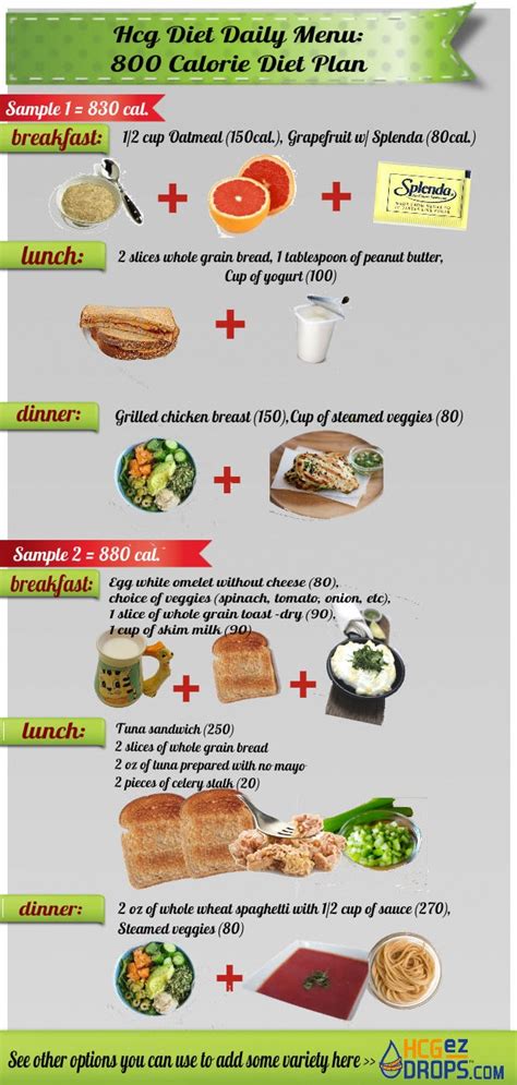 This Infographic Is Showing 2 Daily Meal Plan Samples For The 800 Calorie Diet Plan With Hcg