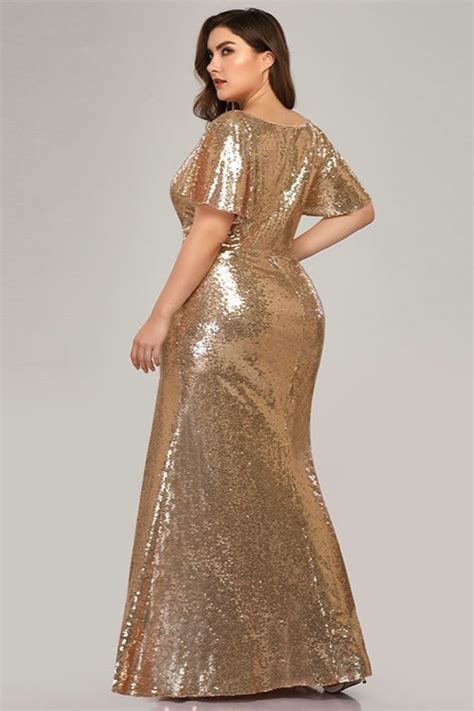 Plus Size Gold Sequins Mermaid Evening Prom Dress