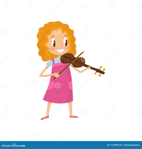 Cute Girl Playing Violin Talented Little Musician Character With