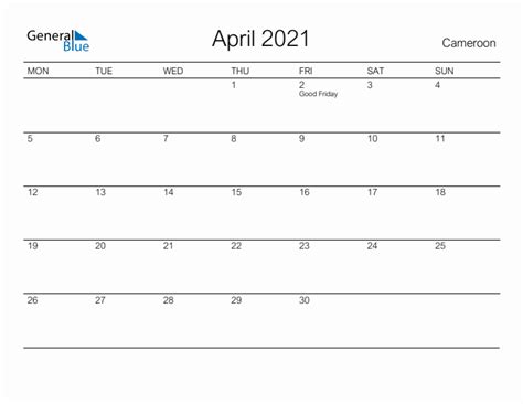 Printable April 2021 Monthly Calendar With Holidays For Cameroon