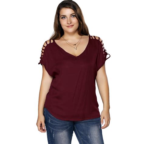 Wipalo Plus Size V Neck Ripped Sleeve Tee Short Sleeve T Shirt Ladies