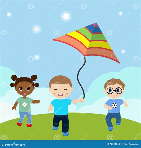 Running Children With Flying Kite Stock Vector Illustration Of Park