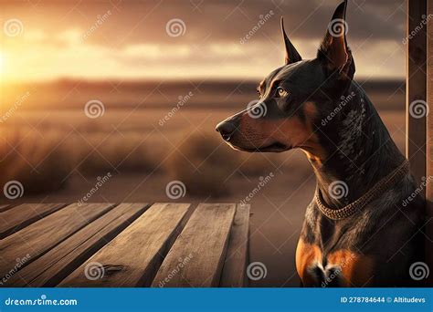 Doberman Pinscher Sitting On Wooden Deck Looking Out At Sunset Stock