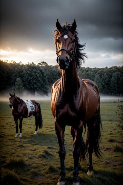 Premium Ai Image A Couple Of Horses Standing On Top Of A Lush Green Field