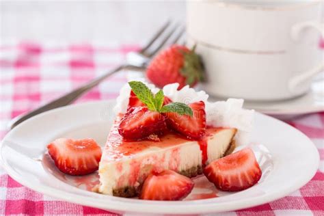 Cheesecake Slice With Fresh Strawberries From Above Stock Photo Image