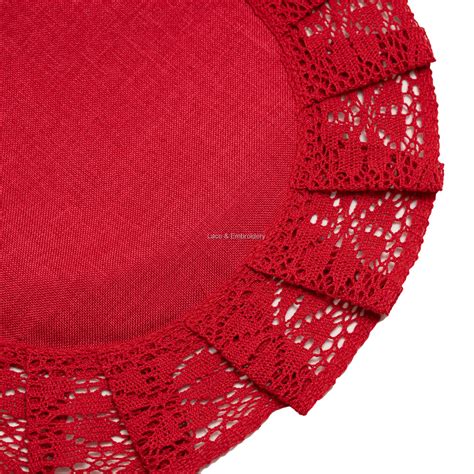 Nostalgic Red Fabric Round Doilies With 6cm Cotton Crochet Lace Edges
