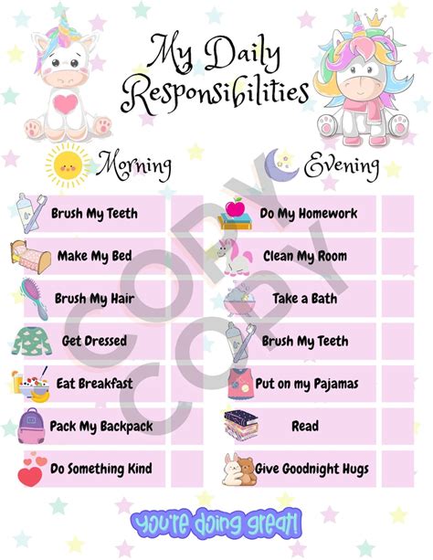 My Daily Responsibilities Chore Chart And Daily Routine For Young Kids