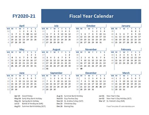 2020 fiscal year calendar template uk free printable