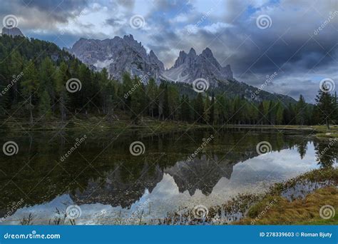 Lake Antorno In The Italian Dolomites With Reflection Of Mountains In
