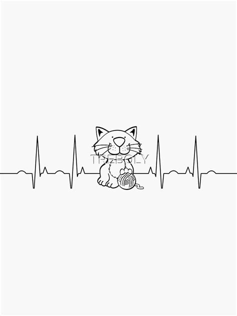 White Cute Smiley Cat With Yarn And Heartbeat Ecg I Love Cats