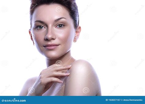 Cute Brunette Woman With Nude Make Up Clean Flawless Fresh Skin Stock