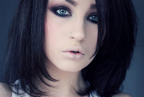 Wallpaper Face Women Model Nose Rings Long Hair Blue Black Hair Pierced Lip Mouth