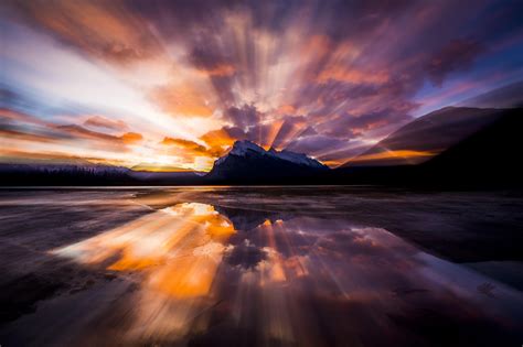 Streaks Of Sunrise On The Vermilion Lakes In Banff National Park