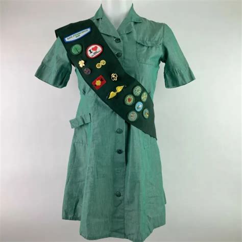 vintage girl scout leader teenage woman uniform dress sash pins patches size s 29 99 picclick