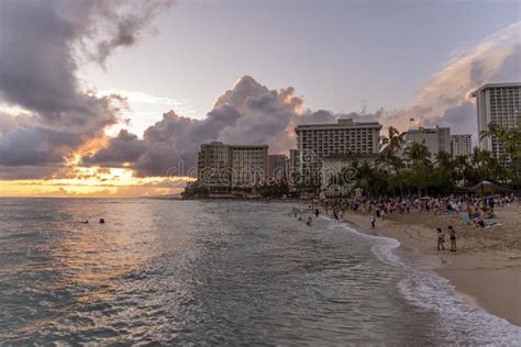 Waikiki Beach During A Beautiful Sunset Editorial Photography Image