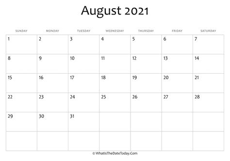 Blank August Calendar 2021 Editable Whatisthedatetodaycom