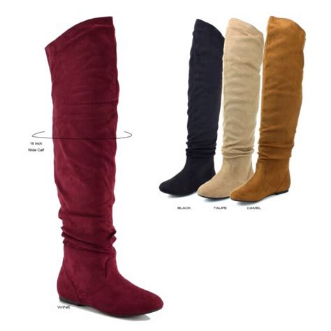 New Women Faux Suede Over The Knee High Wide Calf Pull On Slouch Flat Heel Boot Ebay