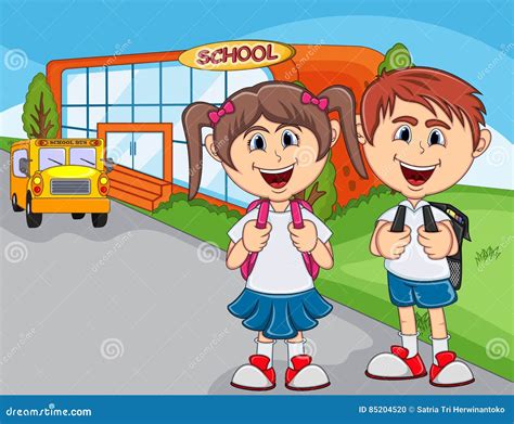Children Go To School Cartoon Stock Vector Illustration Of House