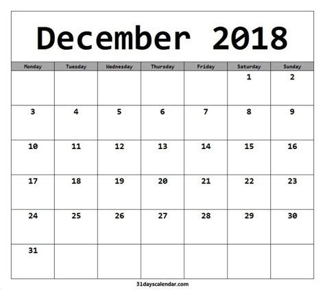 Available December 2018 Calendar Starting Monday Calendar Design