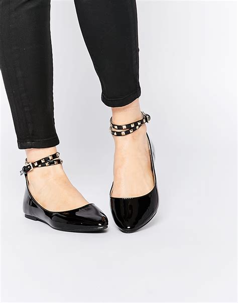 Daisy Street Black Studded Ankle Strap Ballet Flat Shoes Lyst