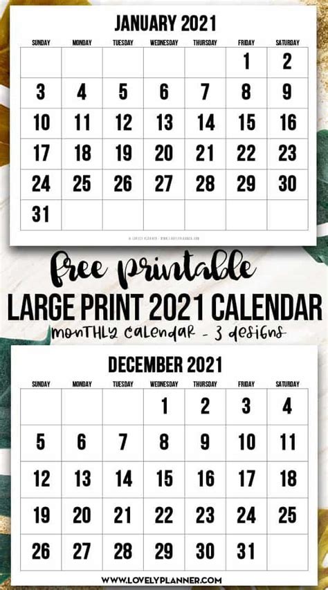 Choose from yearly, monthly, starting week on monday or sunday, with us holidays or blank, horizontal or vertical calendars. Free Printable Large Print 2021 Calendar - 12 month Calendar - Lovely Planner in 2020 | Free ...