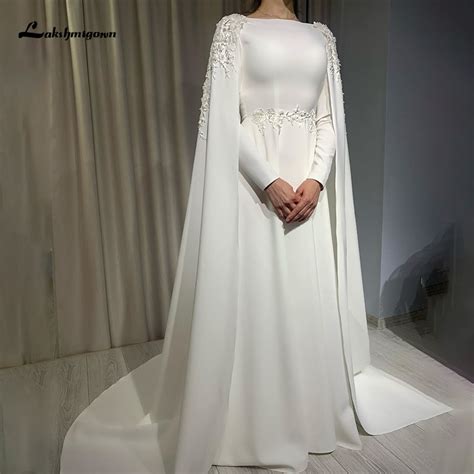 Arabic Muslim Wedding Dress With Cape A Line Long Sleeves High Neck Bride Dress Lace Appliques
