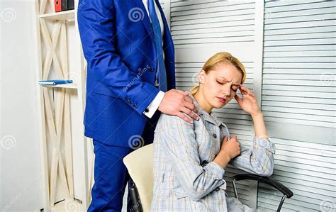 Boss Touch Shoulder Of Female Office Colleague Tired Woman Worker