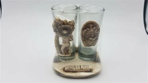 Nos Riviera Maya 4 Shot Glass Set Of Two With Stand Mexico D6 1894