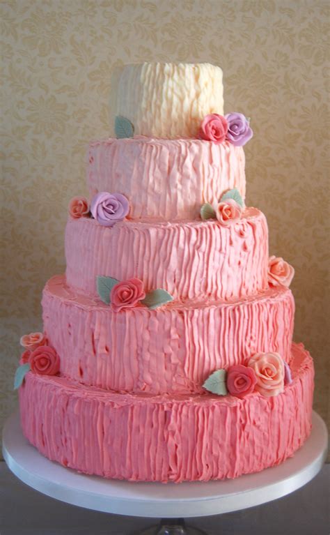 5 Tier Pink Ombre Buttercream Wedding Cake With Icing Roses