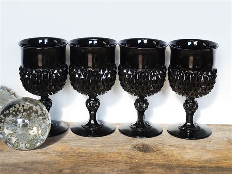 Vintage Rare Indiana Glass Cameo Black Goblets Circa 1977 Set Of 4 Diamond Point Pattern 6 5