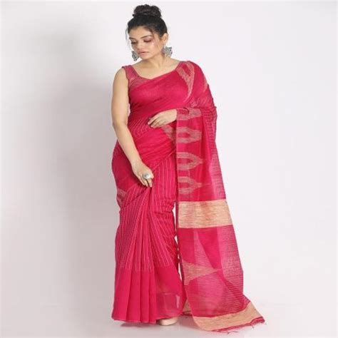 Buy Angoshobha Free Size Women Pink Printed Cotton Saree Online At Best
