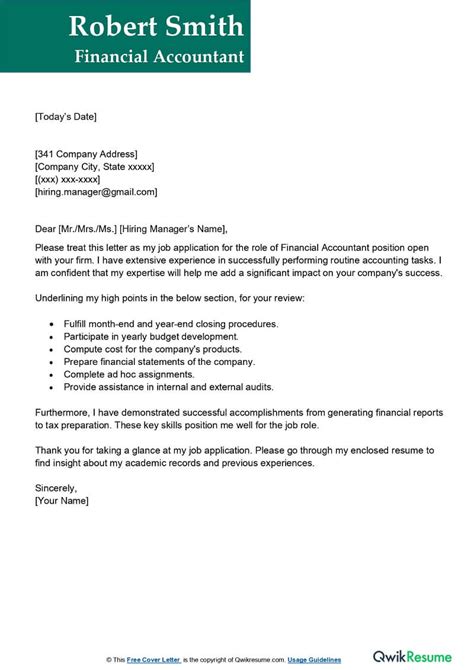 Financial Accountant Cover Letter Examples Qwikresume