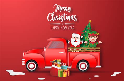 Merry Christmas And Happy New Year Card With Santa And Elf In Red Truck