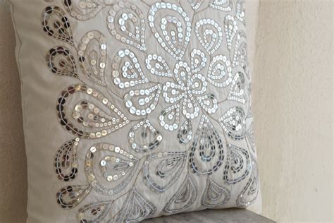 Ivory White Throw Pillow With Sequin Flower Sequin Silver Pillow
