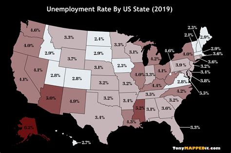 While the unemployment rate in february 2019 remained at 3.3% since september 2018, the number of unemployed stood at 516,400, a 1.6% increase against february 2018. Unemployment Rate By US State From 2011 To 2019 - Tony ...