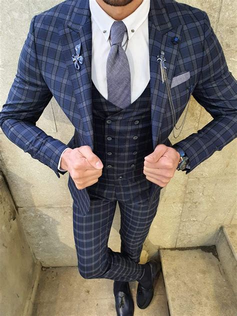 Lance Navy Blue Slim Fit Plaid Suit Mcr Tailor Check Suit Mens