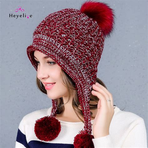 Winter Womens Hats Large Kintted Hats With Pompom Thick Warm Bomber