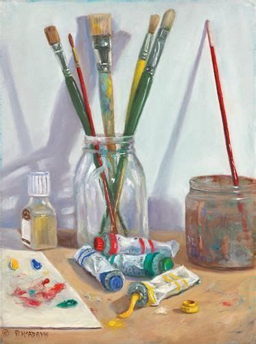 An Oil Painting Of Paint And Brushes In A Glass Jar On A Table With