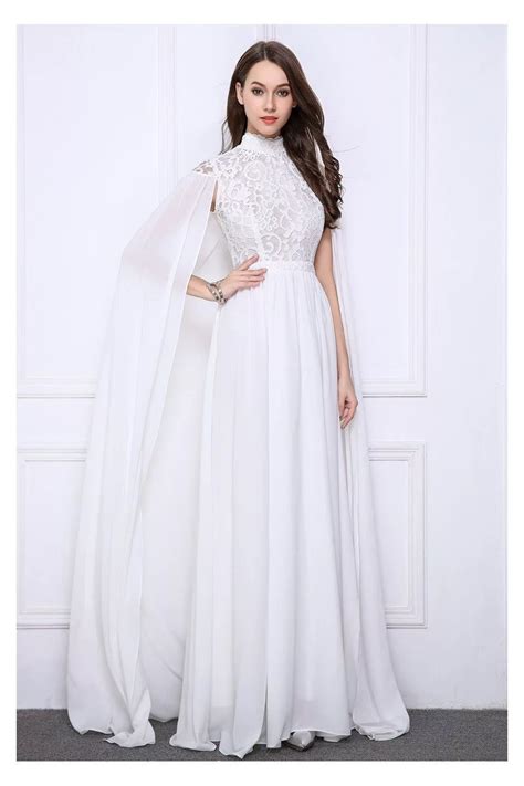 Pure White Cape Style High Neck Long Evening Gown 141 Ck521