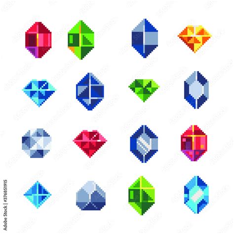 Precious Stone Pixel Art Icons Set Diamond Ruby Sapphire Topaz And