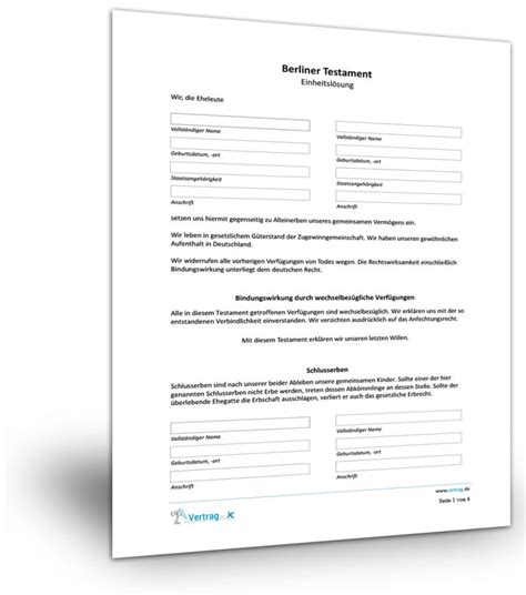 Unser muster für die patientenverfügung soll ihnen zeigen, wie ein solches dokument aussehen kann und welche themen abgedeckt werden. Berliner Testament Muster - Patientenverfügung kostenlos